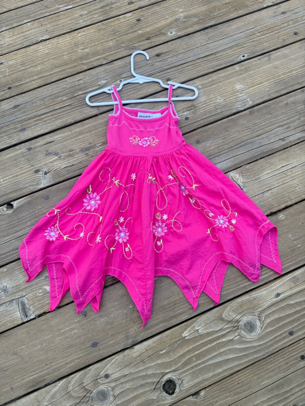 Blueberi Boulevard Hot Pink Embroidered Handkerchief Hem Dress